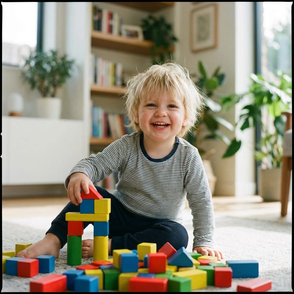 Cute smiling baby playing with colorful blocks for AI baby name generator