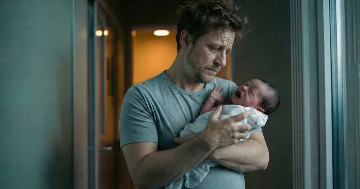 Exhausted parent soothing a crying newborn baby at 2 am using swaddle technique