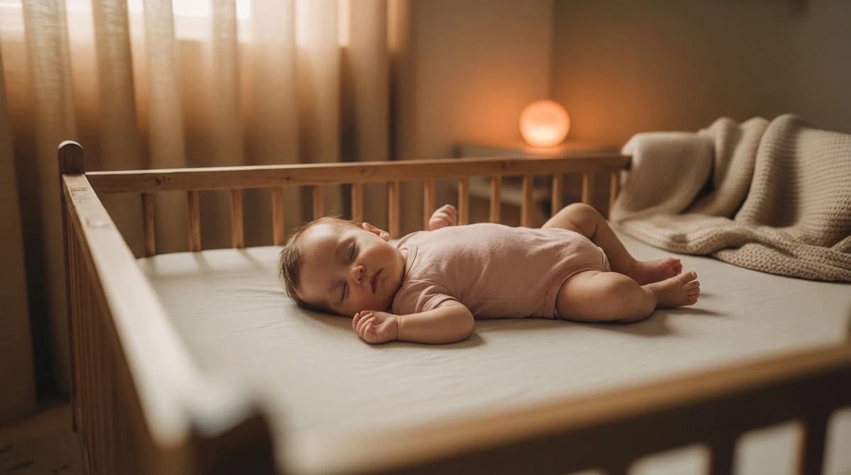 Peaceful baby sleeping soundly in a modern nursery crib during sleep training — warm ambient lighting with soft neutral tones