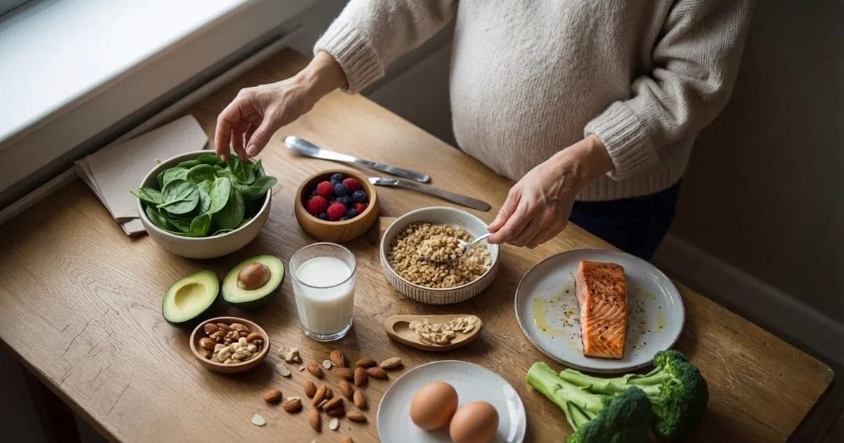 Overhead view of a pregnant woman choosing from fresh healthy pregnancy foods including salmon, spinach, berries, eggs, and almonds on a wooden table