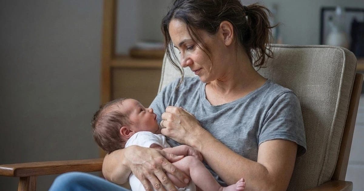 Mother sitting in a nursery glider at night, cradling her newborn who is showing hunger cues, about to begin breastfeeding — a realistic portrayal of increasing breast milk supply through frequent on-demand nursing