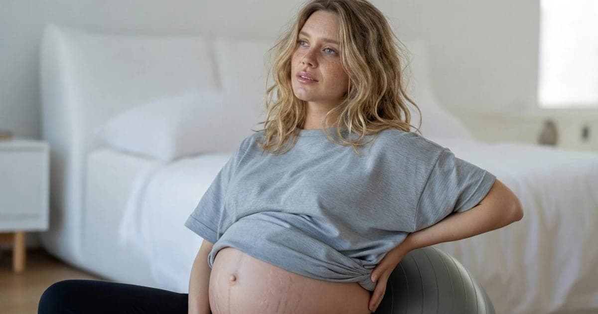 Pregnant woman in her third trimester sitting on a grey exercise ball in her bedroom, wearing a grey t-shirt and navy maternity joggers, pausing between pelvic circle exercises with morning light coming through window shutters