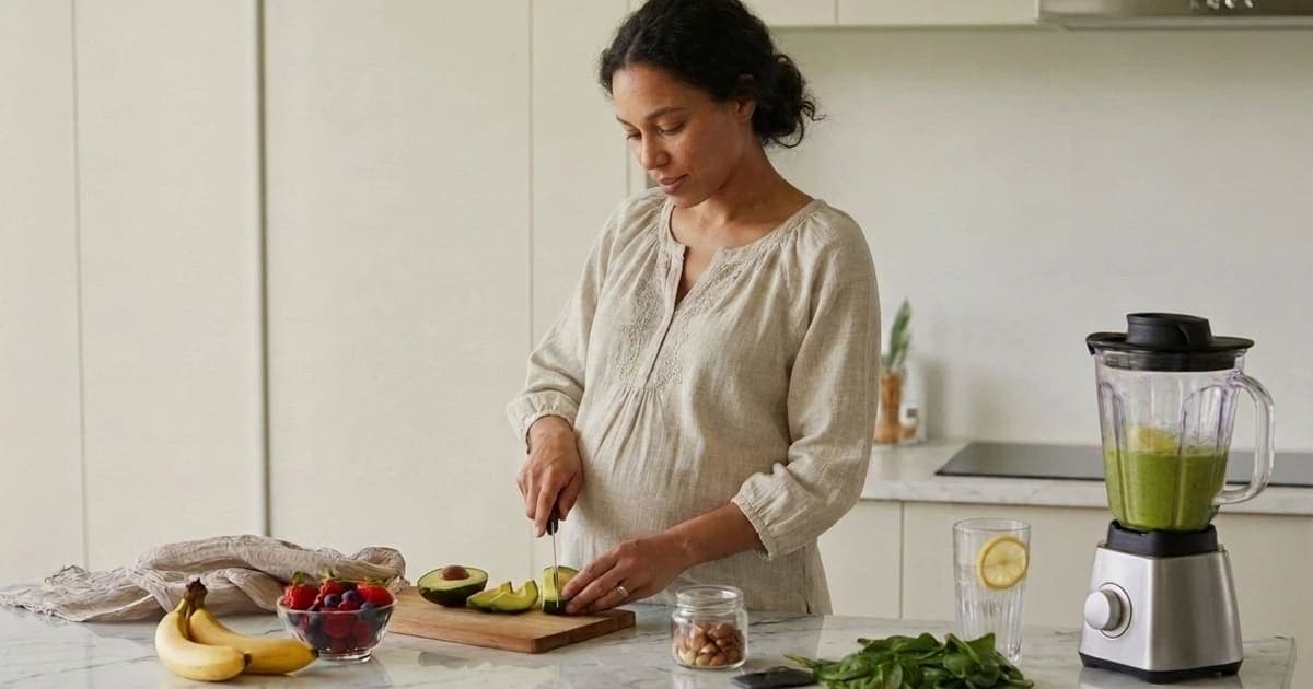 Pregnant woman in second trimester preparing a healthy meal with fresh fruits and vegetables in a bright kitchen