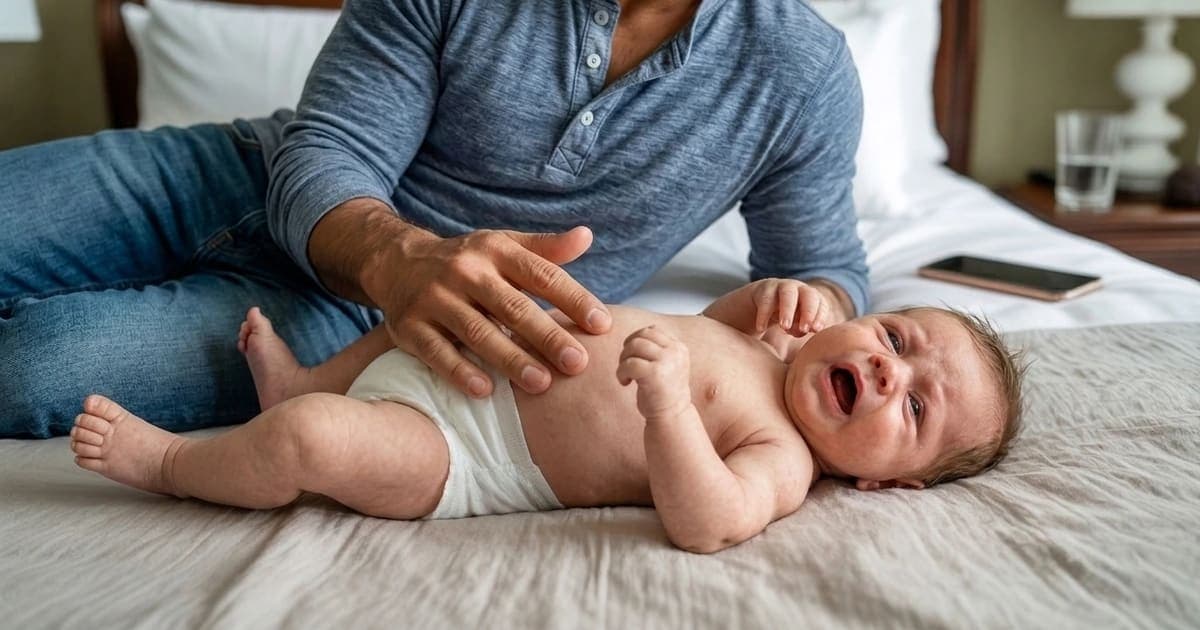 Father's hand gently resting on baby's bare belly checking for bloating and constipation signs while baby lies on white muslin blanket