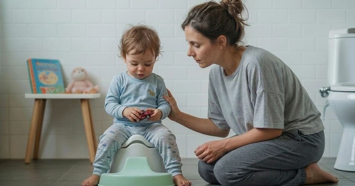 A mother kneeling beside her toddler son on a child-sized potty in a bright bathroom, gently resting her hand on his back with a calm, patient expression — a real moment during potty training regression