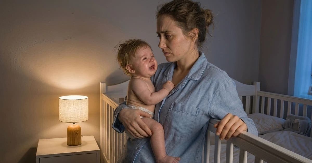 Exhausted mother gently holding her wide-awake 4-month-old baby in a softly lit nursery at 3 a.m. during the 4-month sleep regression