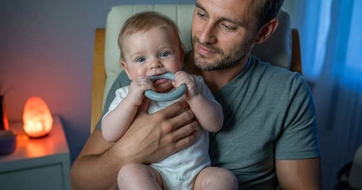 Father gently soothing his teething baby with a silicone teething ring in a dimly-lit nursery during early morning hours.
