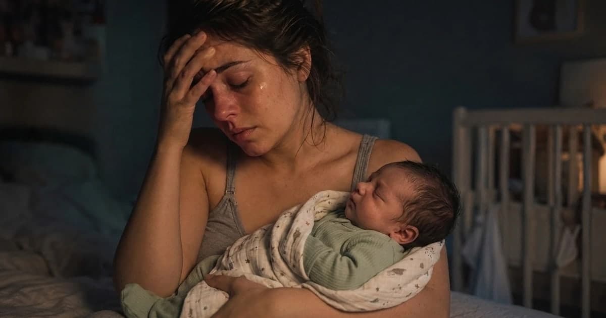 An exhausted young mother in her late 20s sitting on the edge of a bed in a dimly lit nursery at 3 AM, holding her sleeping newborn baby in a soft swaddle. She has one hand on her forehead with her eyes closed in a quiet, weary expression, illustrating the emotional vulnerability and sleep deprivation of baby blues and postpartum depression.