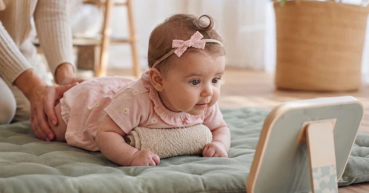 A baby girl happily practicing tummy time propped on a rolled towel on a green play mat while looking at a baby-safe mirror.