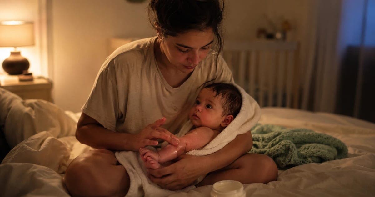 Mother gently applying thick ointment moisturizer to her baby's dry eczema patches on the forearm after a lukewarm bath, demonstrating the 3-minute hydration rule for baby eczema treatment