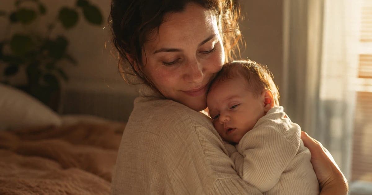 A mother gently holding her sleepy 3-month-old baby in a warm, soft-lit bedroom, observing early sleepy cues right before bedtime.