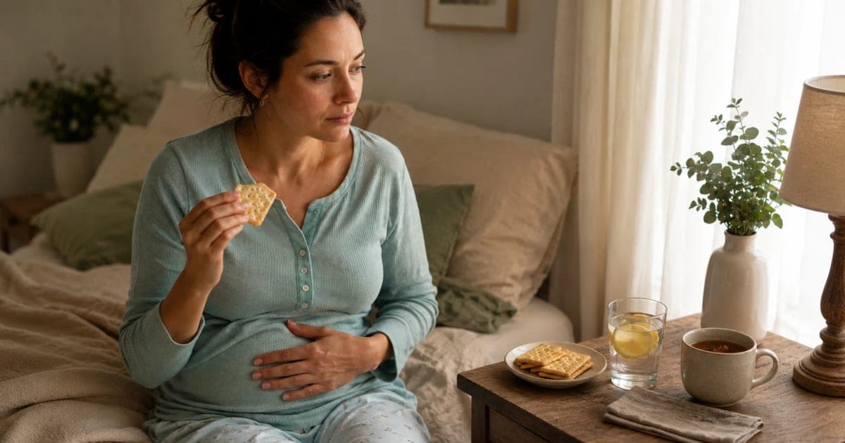 First trimester pregnant woman eating crackers beside ginger tea and lemon water for morning sickness relief