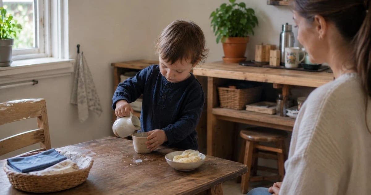 Toddler pouring water at a child-height table in a simple Montessori at home setup using everyday household items.