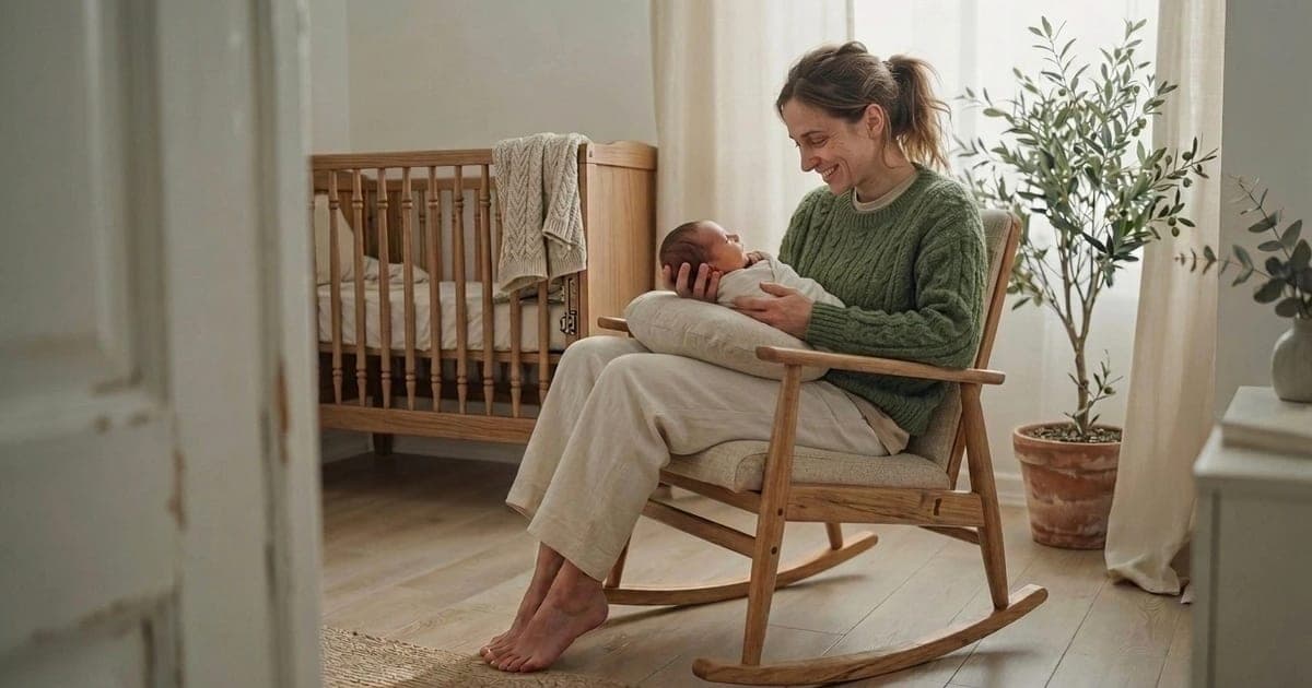 A smiling mother sitting in a cozy nursery rocking chair, holding her newborn baby comfortably on a nursing pillow to demonstrate the best breastfeeding positions for a deep latch.