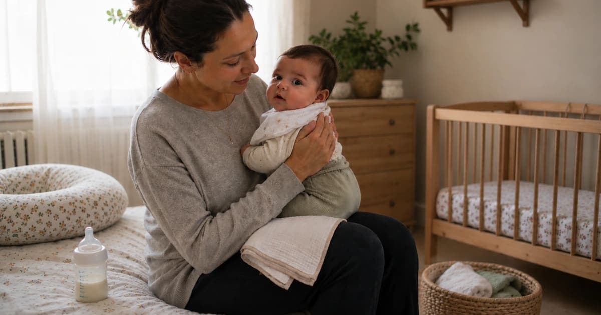 Parent holding a baby upright after feeding in a nursery, a calm moment of baby reflux and spit-up care.
