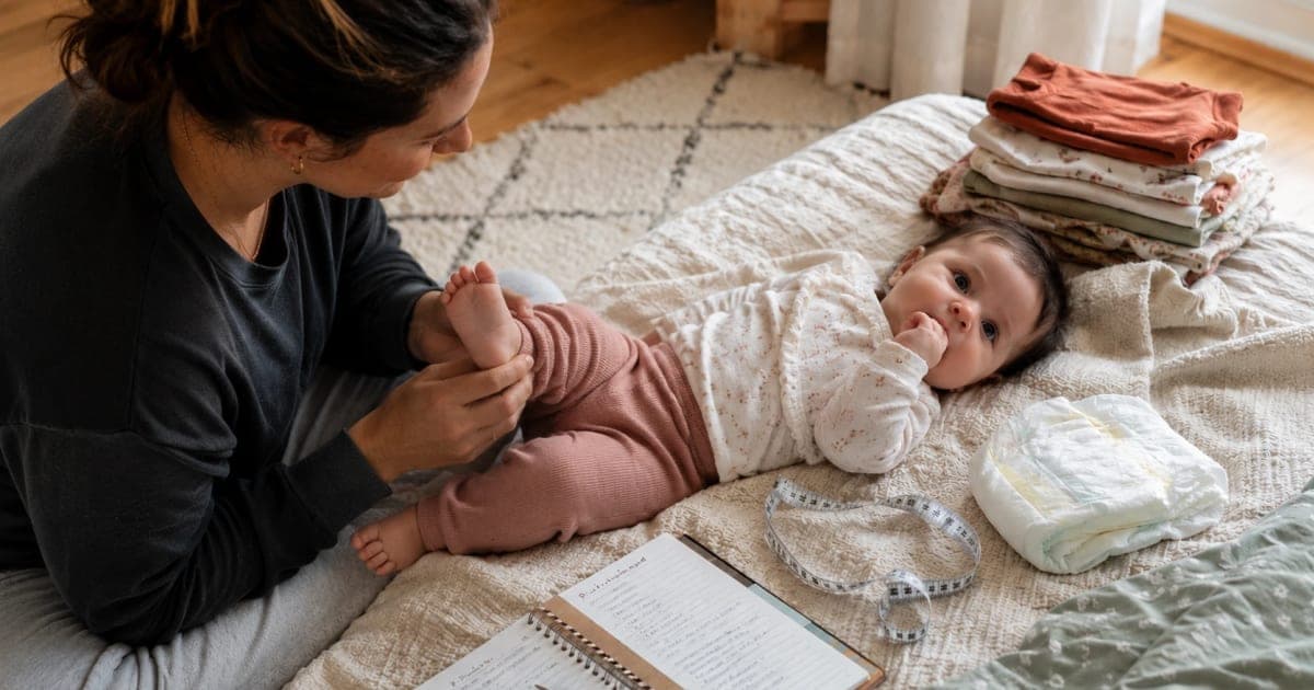 Parent noticing outgrown pajamas as a sign of baby growth spurts during the first year