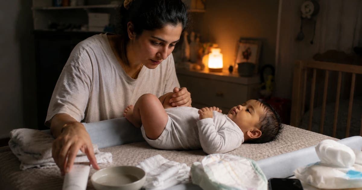 Tired parent gently changing a baby at night while checking a diaper rash that won't go away, with diaper cream and warm water nearby.