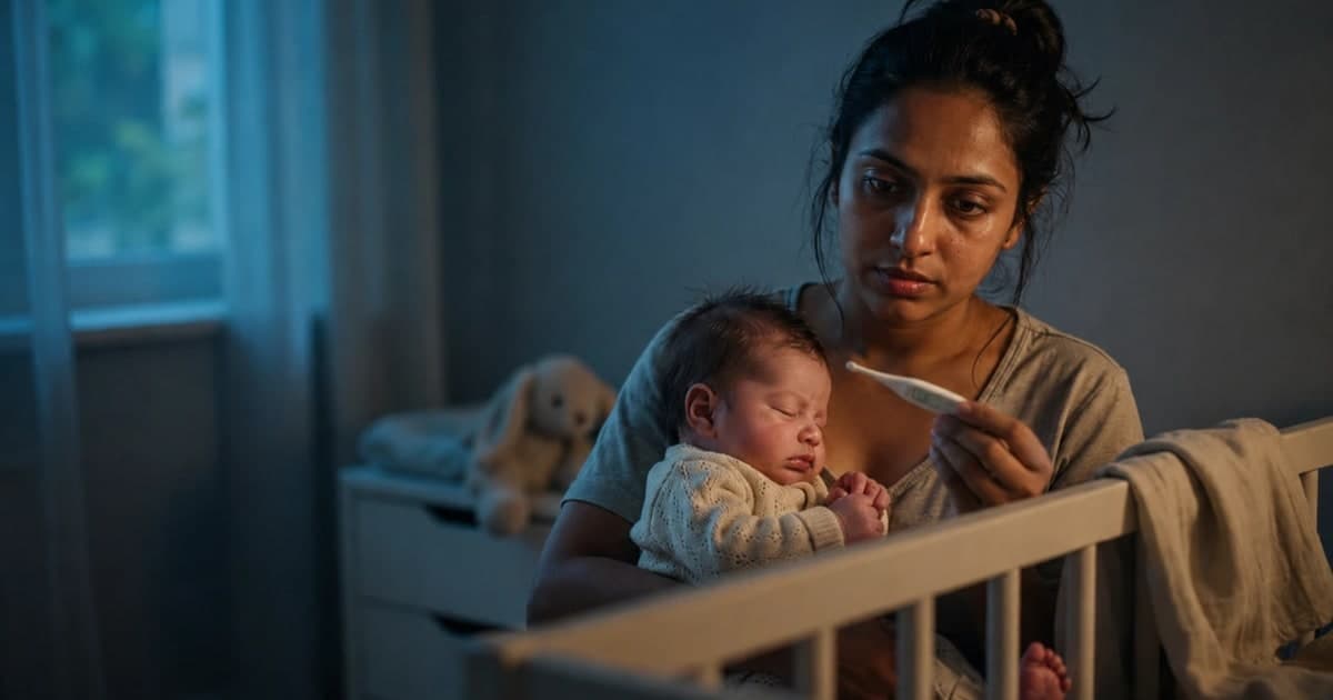 A worried mother holding her sleeping baby with a physical fever in a dimly lit nursery at night while monitoring their temperature.