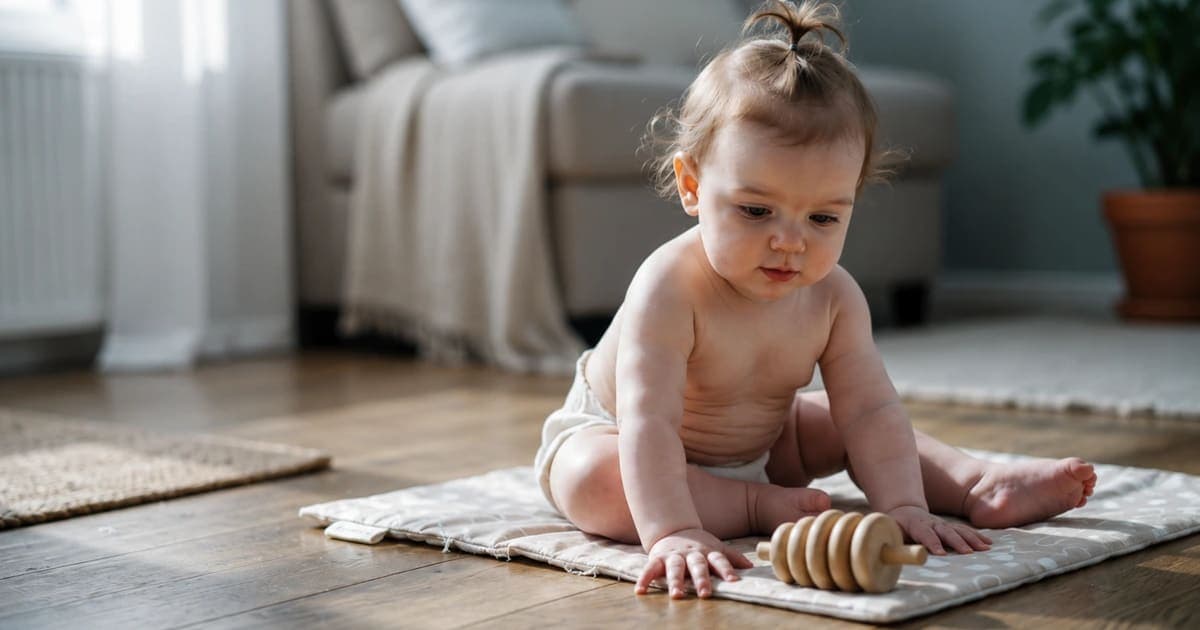 7-month-old baby girl practicing sitting up unsupported during floor play, capturing the tripod sitting milestone on a warm neutral-colored play mat in a sunlit living room.