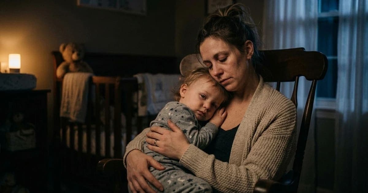An exhausted mother comforting her awake 18-month-old toddler in a dimly lit nursery during a nighttime toddler sleep regression episode, illuminated by a warm amber night-light.