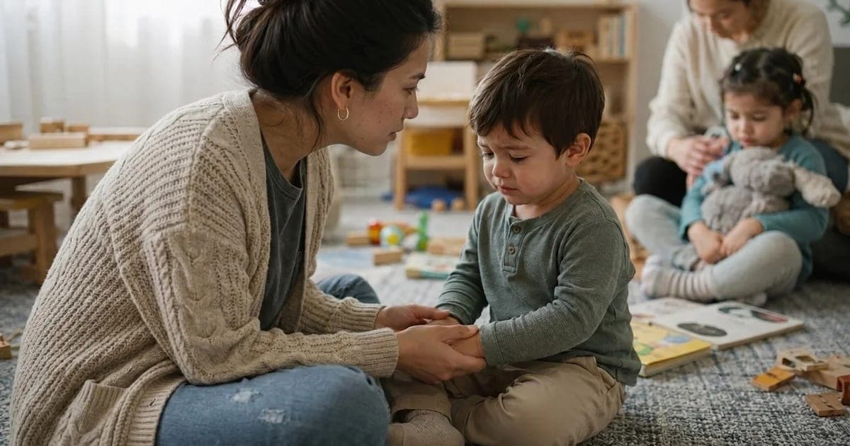 A parent calmly comforts a frustrated toddler after hitting or biting, using gentle discipline and clear boundaries in a playroom.