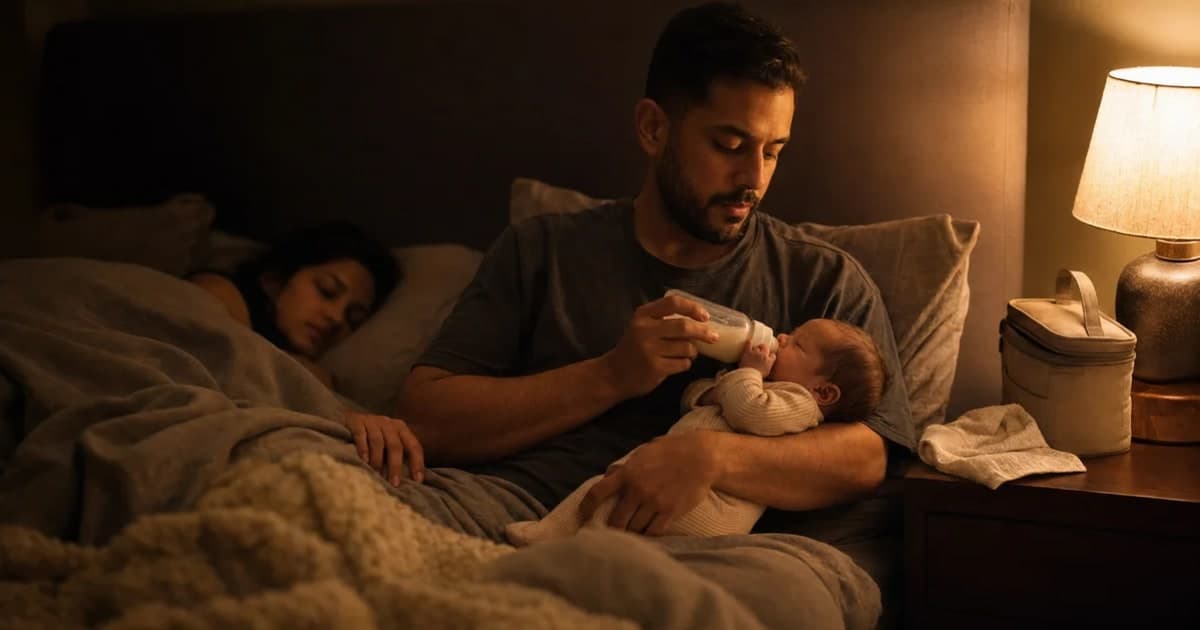 Father bottle-feeding newborn at night while mother sleeps — a real combo feeding moment with breast milk and formula