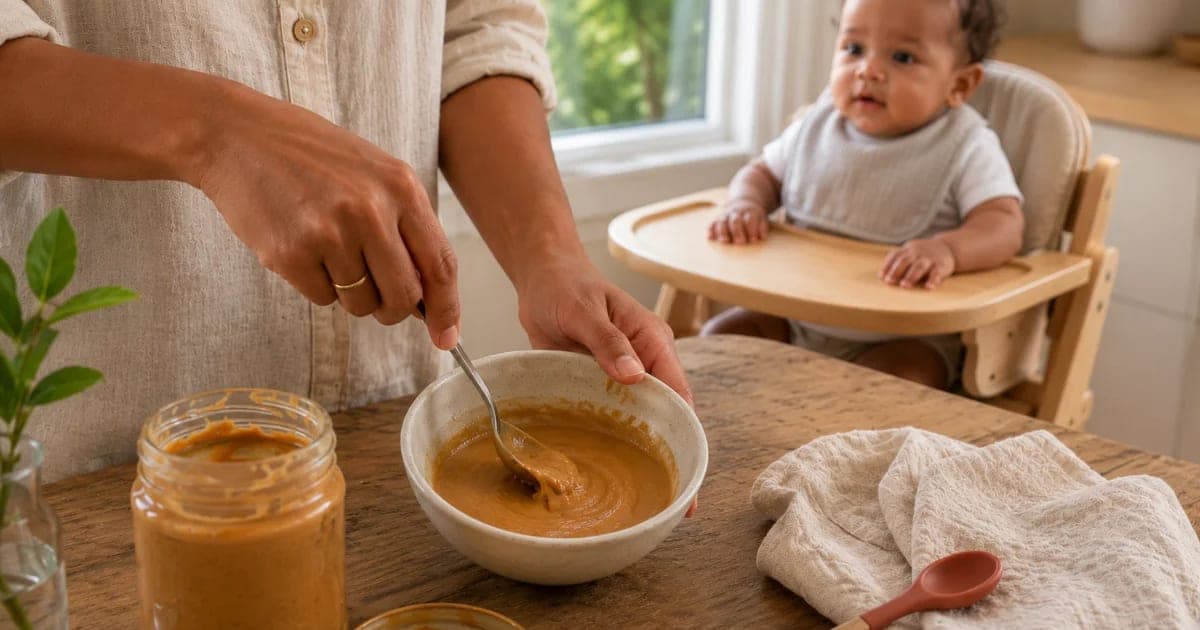 Parent preparing thinned peanut butter in a small bowl for baby's first allergen introduction with a baby watching from a high chair in the background