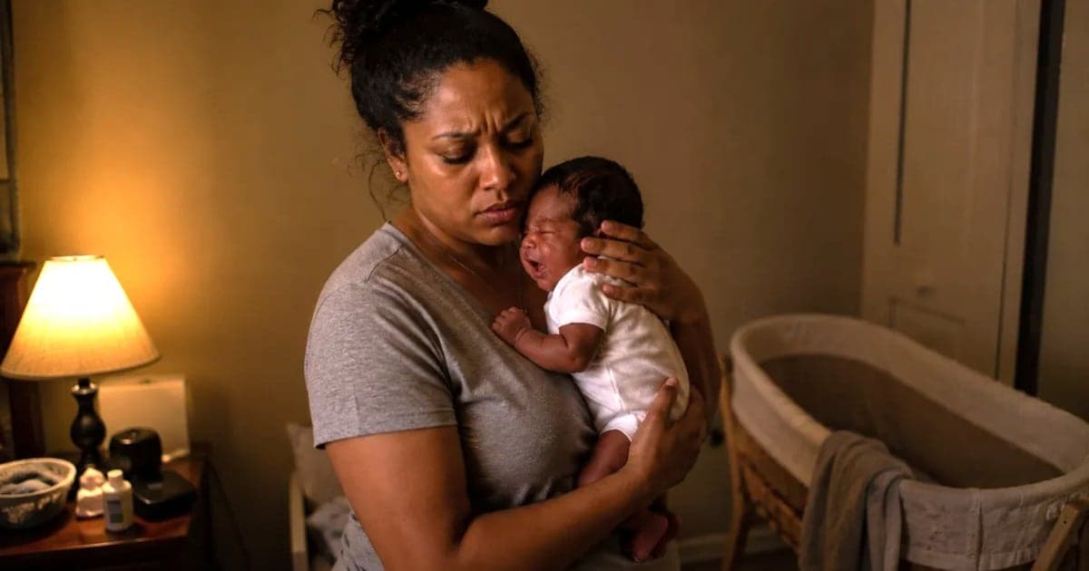 Tired mother holding a crying newborn with colic against her shoulder in a dimly lit nursery during an evening episode