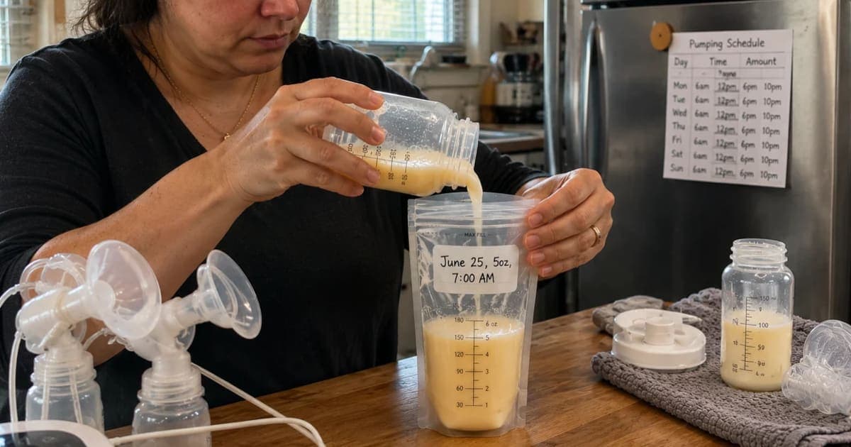 Hands pouring freshly pumped breast milk into a storage bag next to a pump schedule on a clean kitchen counter