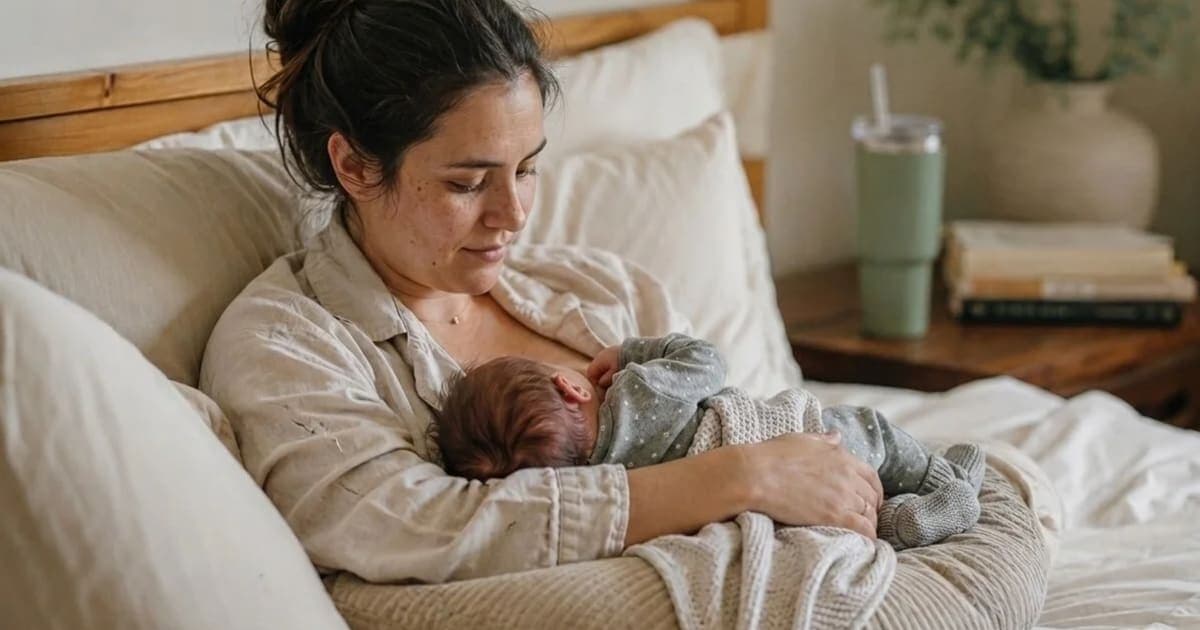 A recovering mother resting comfortably in bed with her newborn baby after a C-section, showing realistic postpartum recovery at home.