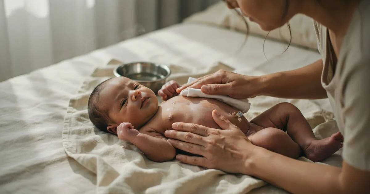 Mother gently giving her newborn a sponge bath on a soft towel, keeping one hand on the baby while the umbilical cord stump heals