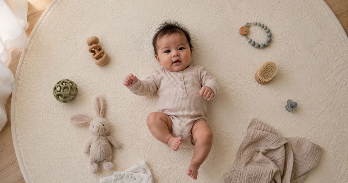 An overhead view of a smiling baby on a play mat surrounded by developmental toys, a warm look at baby milestones month by month through the first year.