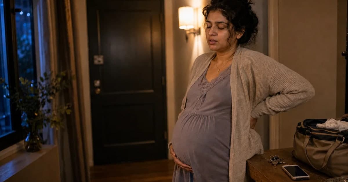 A pregnant woman pauses by the front door at night, breathing through a contraction with her hospital bag packed — weighing the signs of labor and whether it's finally time to go in.