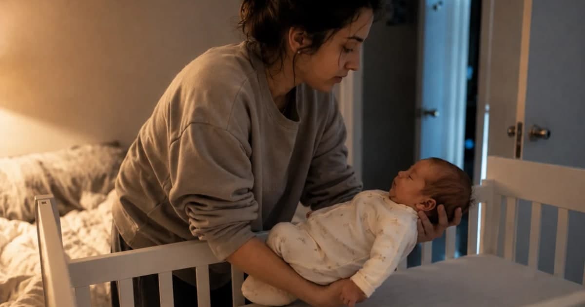 A mother gently placing her baby on their back in a bare crib at bedtime — practicing the safe sleep guidelines recommended by the AAP to lower SIDS risk, in a softly lit nursery at night.