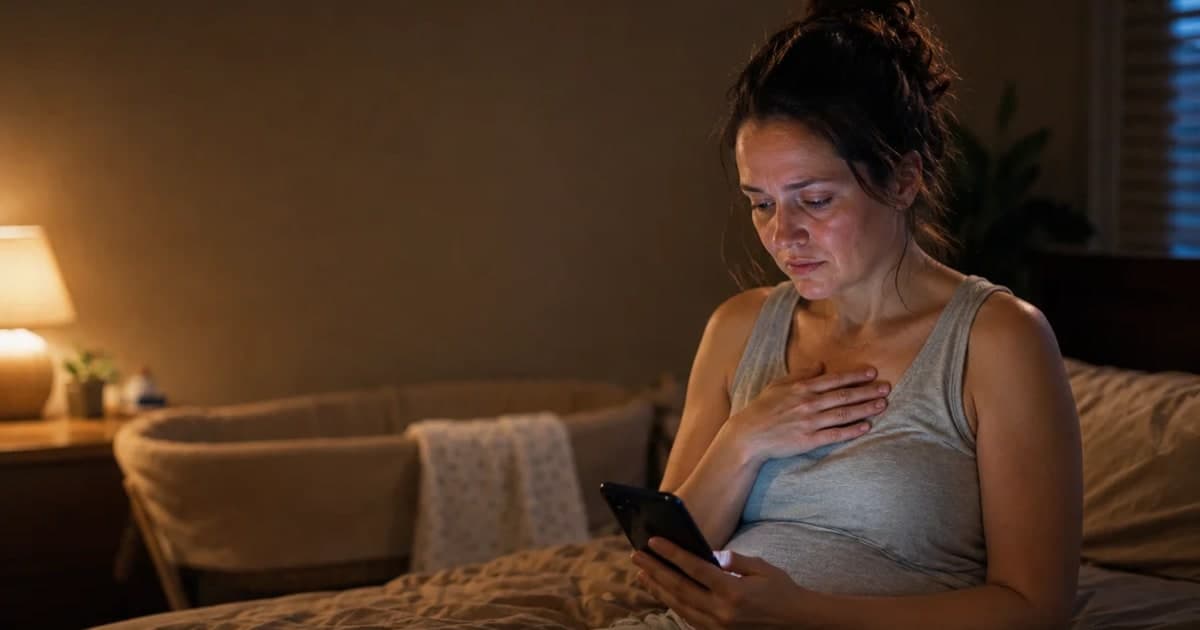 A worried new mother sitting on the edge of her bed at night, one hand on her sore breast while checking symptoms on her phone — the moment many parents suspect a clogged duct or mastitis.