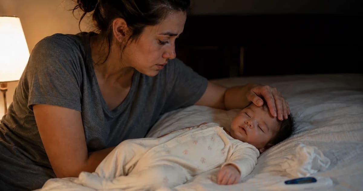 A worried mother checking her congested baby's forehead for fever at night, with a thermometer beside them, deciding if the stuffy nose is a normal cold or something more serious like RSV.