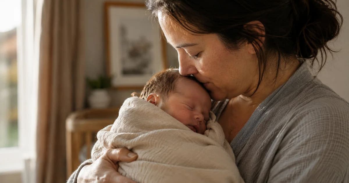 A mother holding a peacefully sleeping newborn baby wrapped snugly in a breathable cotton swaddle, demonstrating safe swaddling techniques for sleep relief.