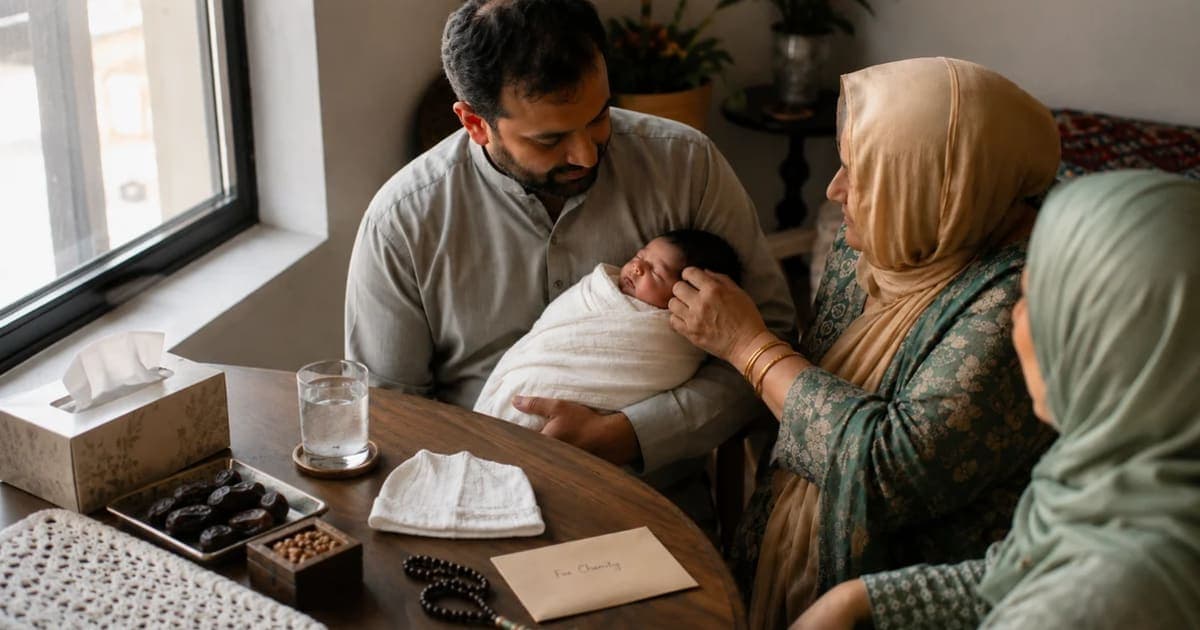 New parents holding their baby during an Aqiqah naming moment at home, with a name card and charity envelope nearby.